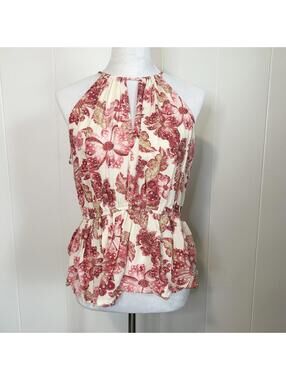 Old Navy Pink White Floral Keyhole Sleeveless Halter Blouse Top Women's Large